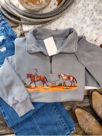 Western horse print zipper sweatshirt