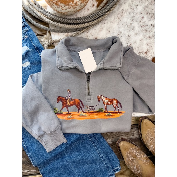 Western horse print zipper sweatshirt