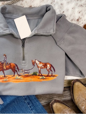 Western horse print zipper sweatshirt