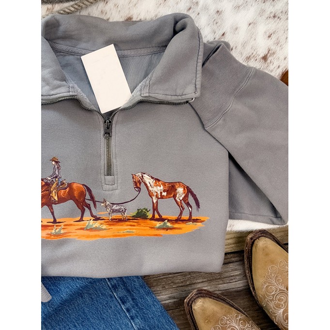 Western horse print zipper sweatshirt