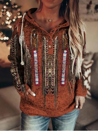 Western Print Long Sleeve Casual Hoodie