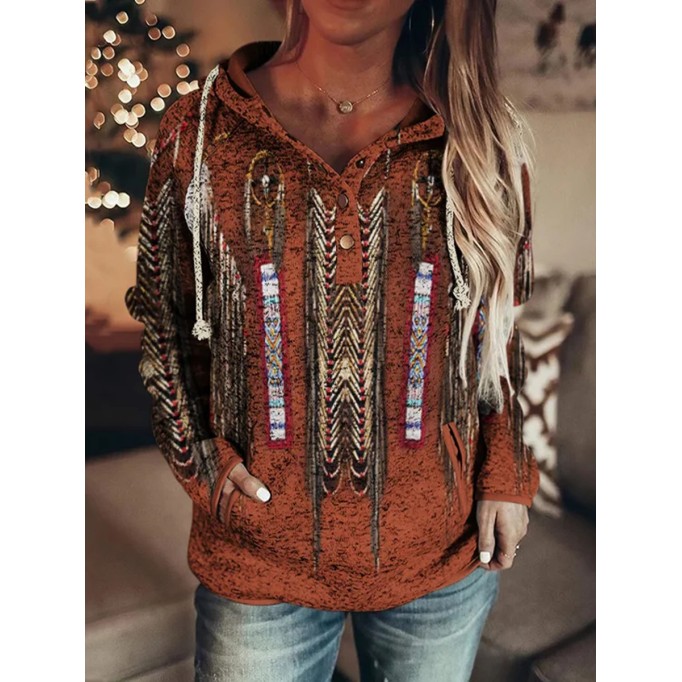 Western Print Long Sleeve Casual Hoodie