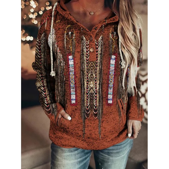 Western Print Long Sleeve Casual Hoodie