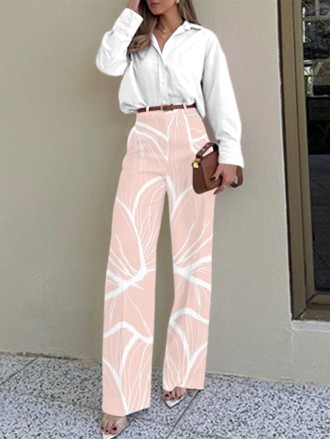 White simple elegant loose shirt + elegant printed trousers 2-piece set