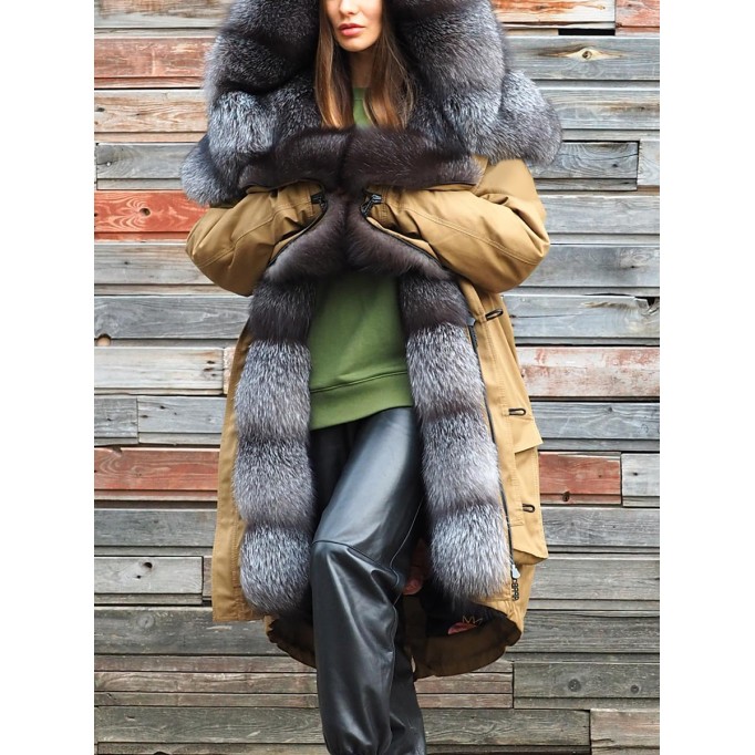 Women's autumn and winter fur collar patchwork coat