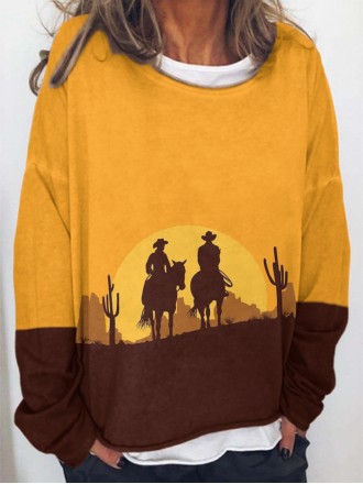 Women's casual color block cowboy printed sweatshirt