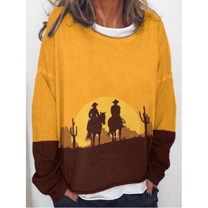 Women's casual color block cowboy printed sweatshirt