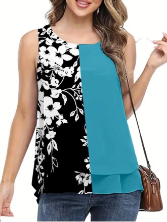 Women's color-matching chiffon print vest top