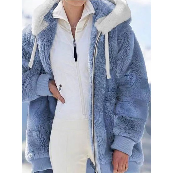 Women's fall and winter loose plush zipper hooded jacket