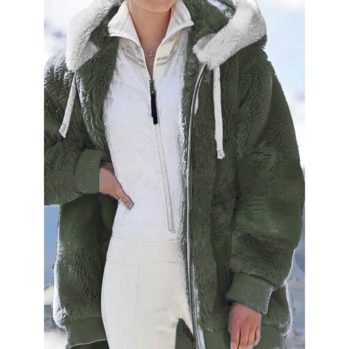 Women's fall and winter loose plush zipper hooded jacket