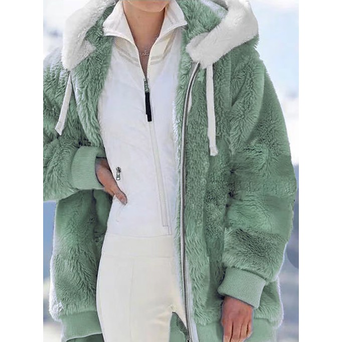 Women's fall and winter loose plush zipper hooded jacket