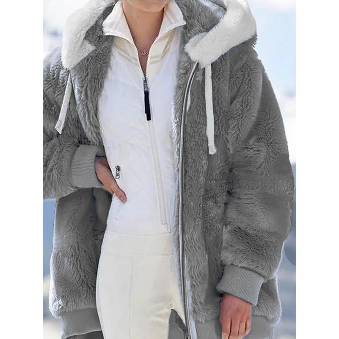 Women's fall and winter loose plush zipper hooded jacket