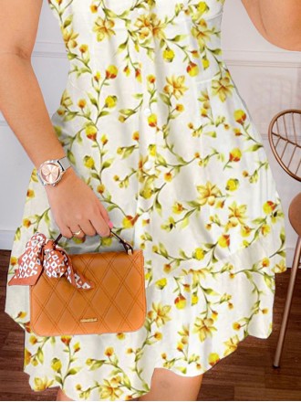 Women's floral printed lantern short sleeved square neck dress short skirt yellow