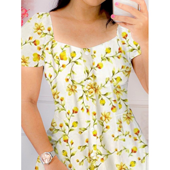 Women's floral printed lantern short sleeved square neck dress short skirt yellow