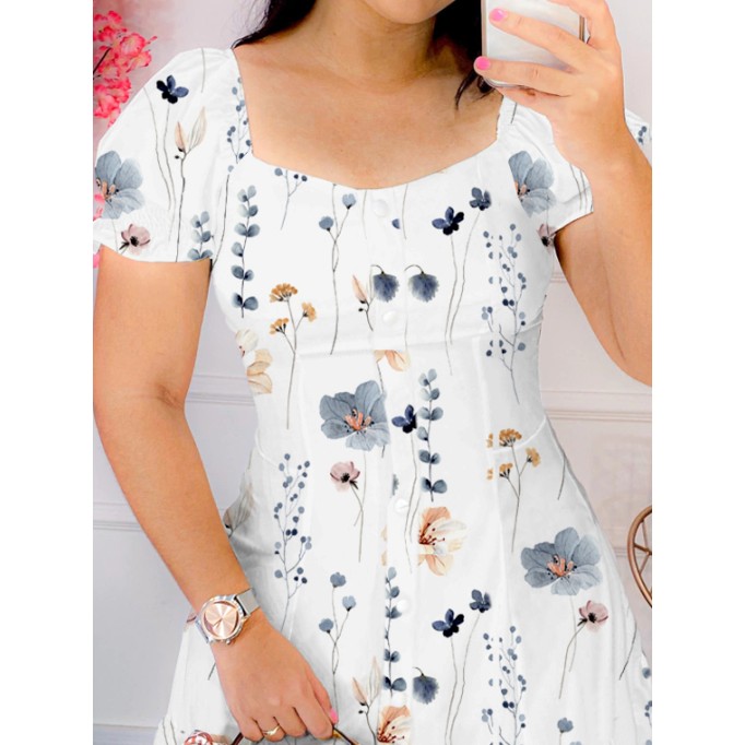 Women's Fresh Flower Print Lantern Short Sleeve Square Neck Dress