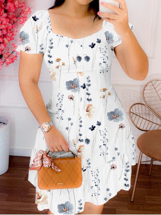 Women's Fresh Flower Print Lantern Short Sleeve Square Neck Dress