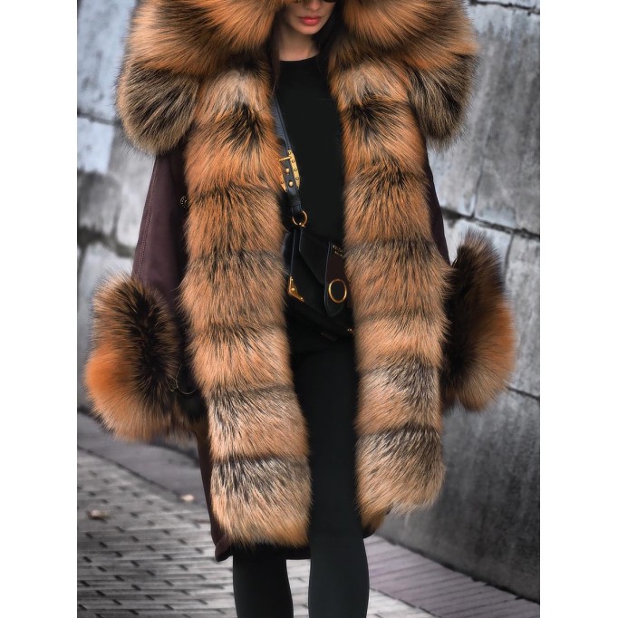 Women's fur collar patchwork autumn and winter coat