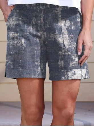 Women's high-waisted tie-dye printed cotton linen shorts