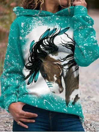 Women's Indian Horse Print Hooded Sweatshirt