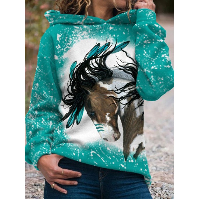 Women's Indian Horse Print Hooded Sweatshirt