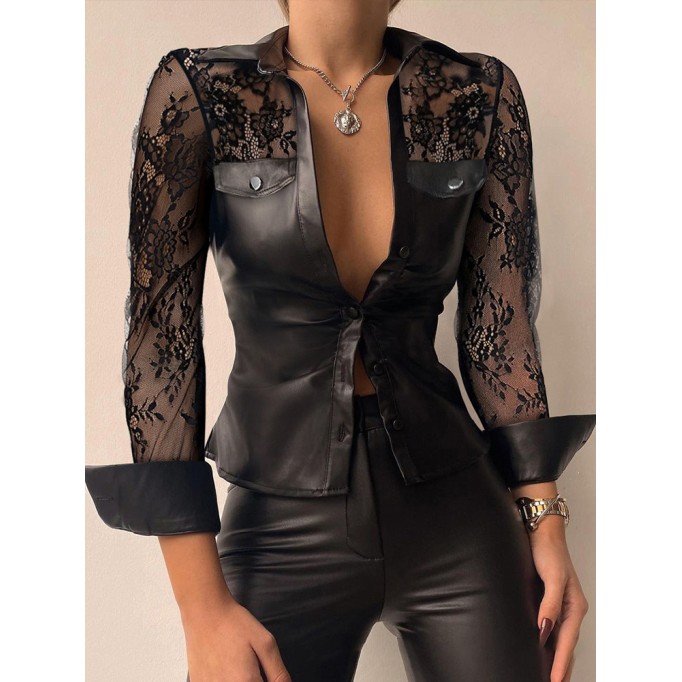 Women's leather patchwork lace shirt