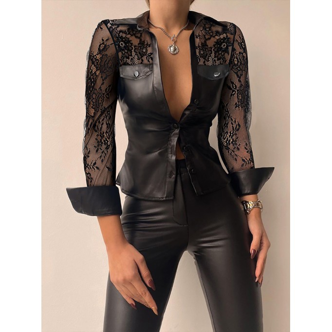 Women's leather patchwork lace shirt