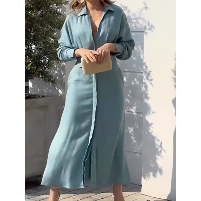 Women's Linen Blend Pocket Slit Shirt Midi Dress