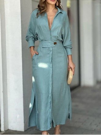 Women's Linen Blend Pocket Slit Shirt Midi Dress