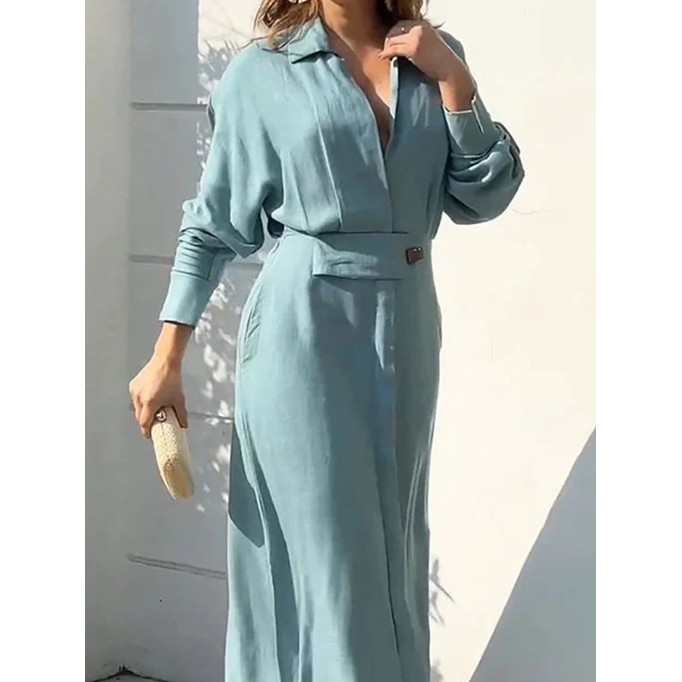 Women's Linen Blend Pocket Slit Shirt Midi Dress