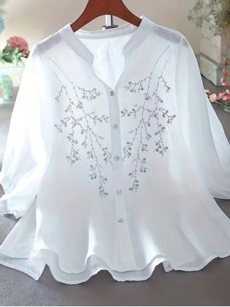 Women's loose cotton linen embroidered shirt