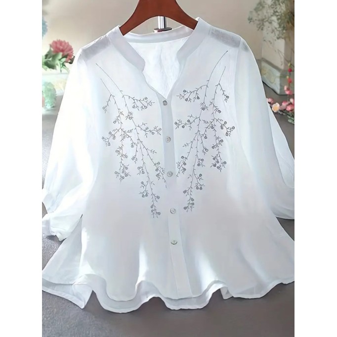 Women's loose cotton linen embroidered shirt