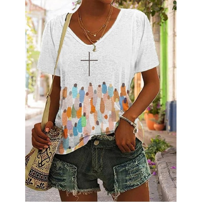 Women's new printed V-neck knit shirt