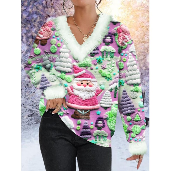 Women's Pink Santa Print Fur Collar Sweatshirt