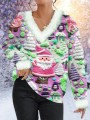 Women's Pink Santa Print Fur Collar Sweatshirt