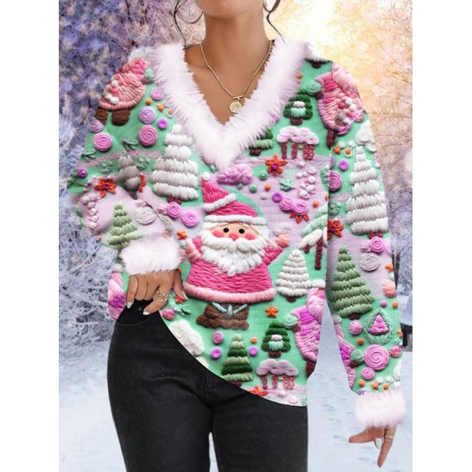 Women's Pink Santa Print Fur Collar Sweatshirt