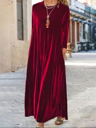 Women's Plus Velvet Solid Long Sleeve Round Neck Loose Maxi Dress