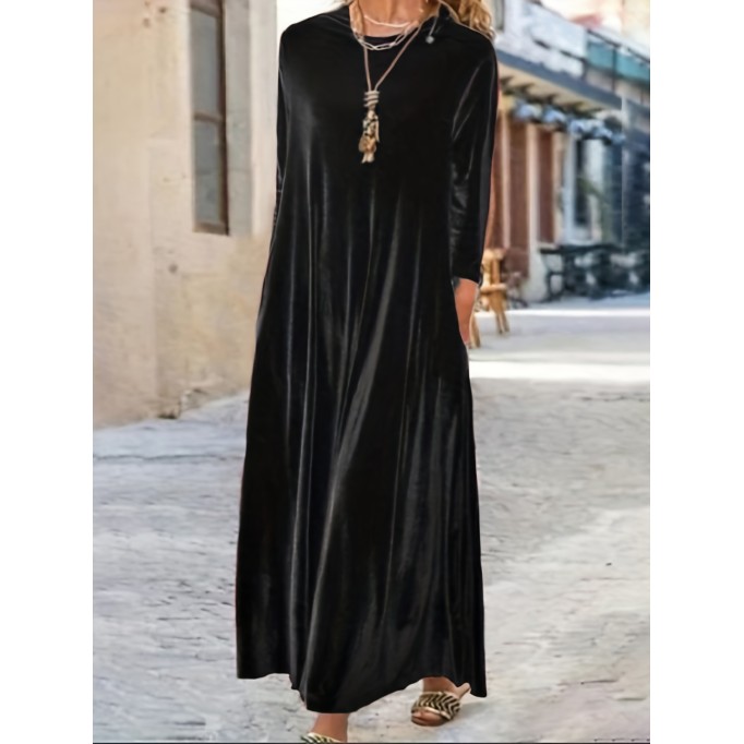 Women's Plus Velvet Solid Long Sleeve Round Neck Loose Maxi Dress