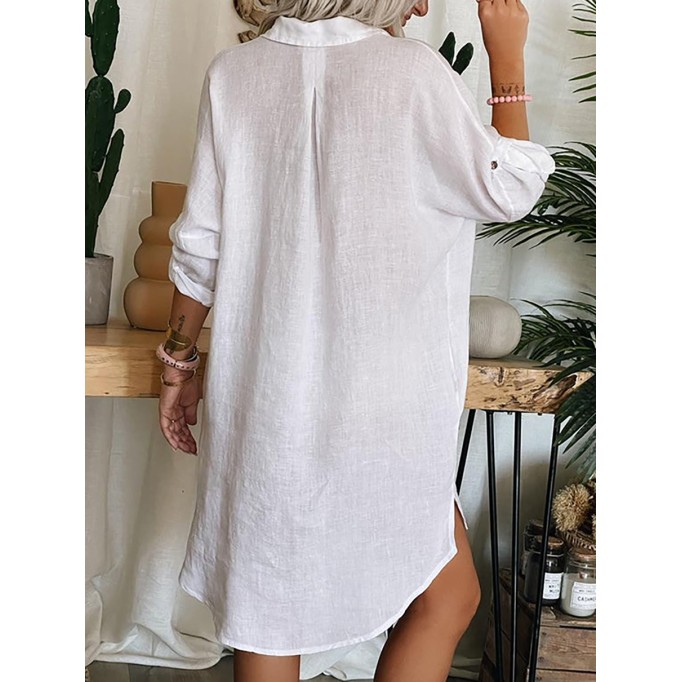 Women's pocket button cotton linen shirt dress