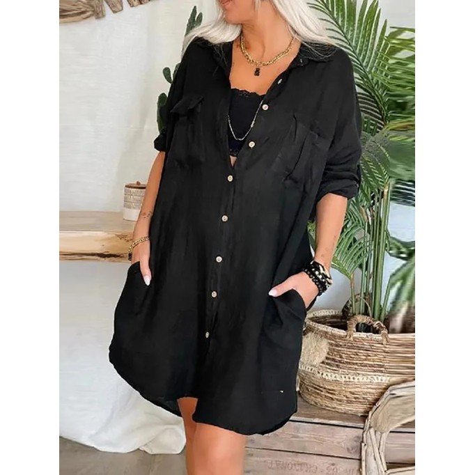 Women's pocket button cotton linen shirt dress