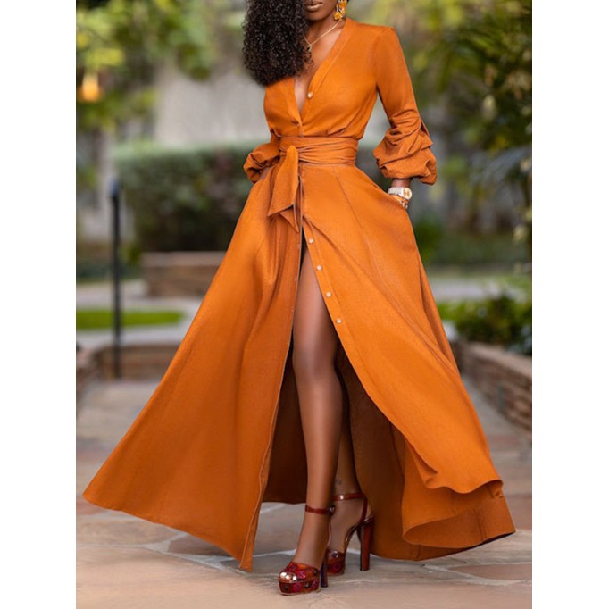 Women's Sexy Deep V Long Sleeve Waisted Solid Color Cardigan Dresses