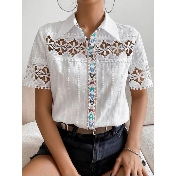 Women's Short Sleeve Shirt Lace Ethnic Print