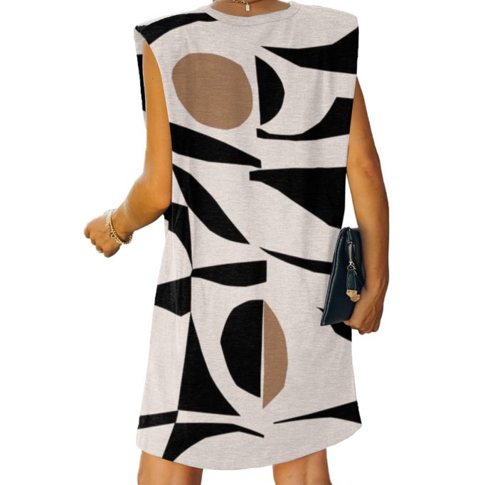 Women's simple geometric print sleeveless shoulder pad dress