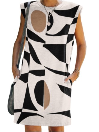 Women's simple geometric print sleeveless shoulder pad dress