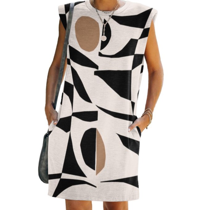 Women's simple geometric print sleeveless shoulder pad dress