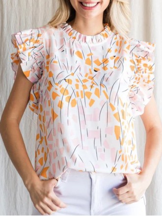 Women's simple print shirt with flanged sleeves