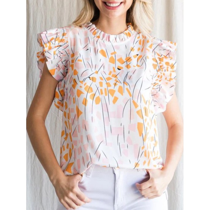 Women's simple print shirt with flanged sleeves