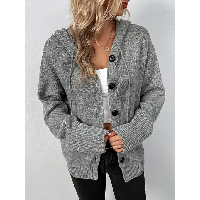 Women's Solid Color Hooded Single Breasted Sweater