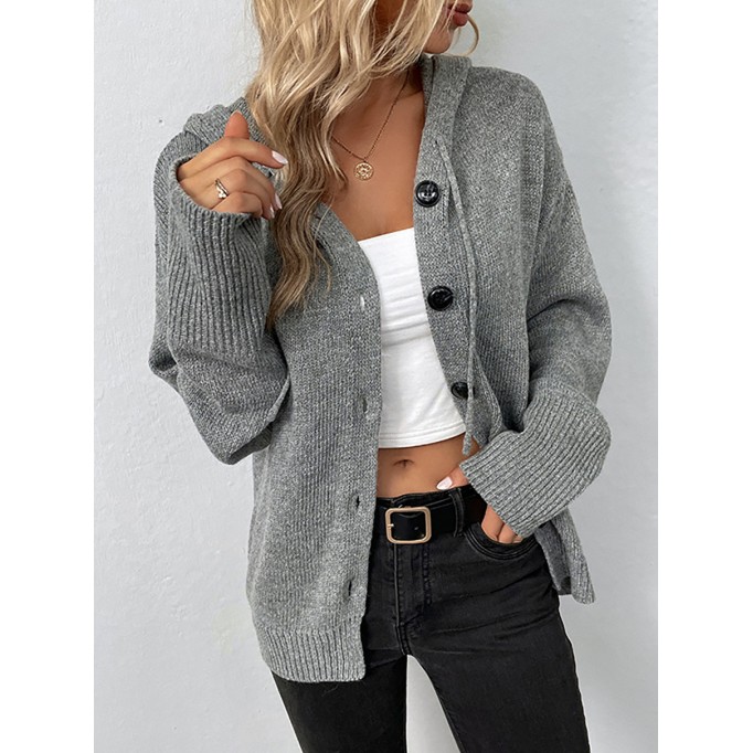 Women's Solid Color Hooded Single Breasted Sweater