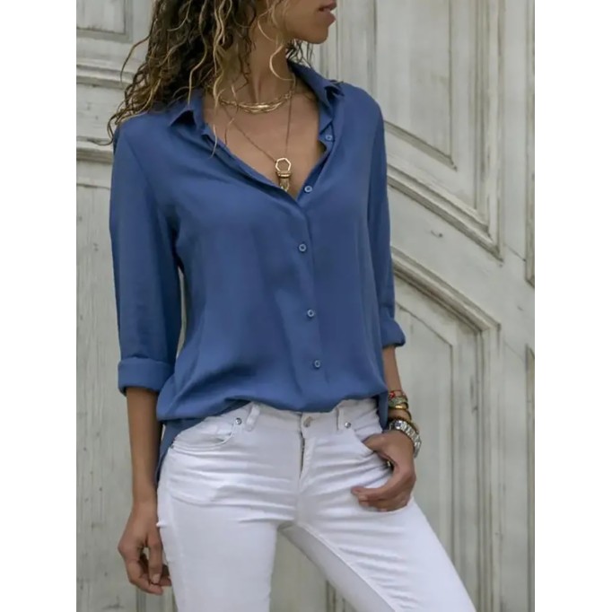 Women's solid color long sleeved button up shirt