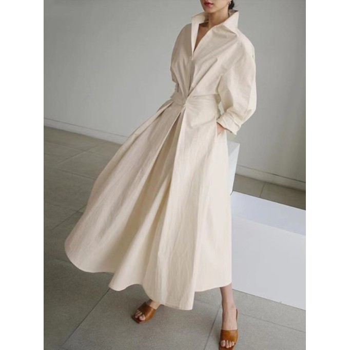 Women's Solid Pocket Button Lapel Long Sleeve Maxi Shirt Casual Dress